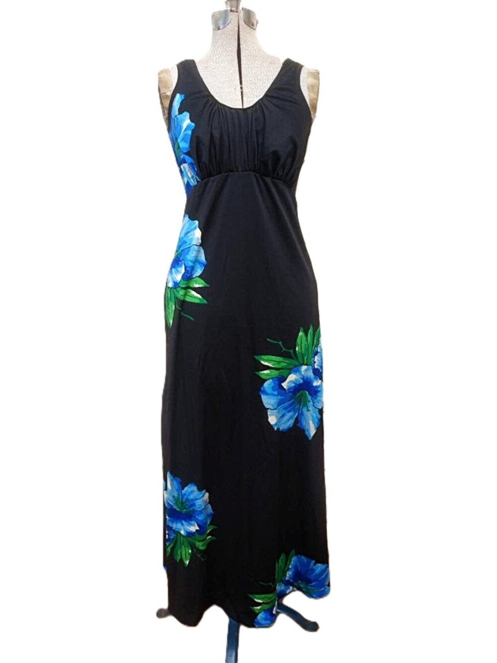 Vintage Hawaiian Maxi Dress Black with Big Blue Flowers 36"B 27"W